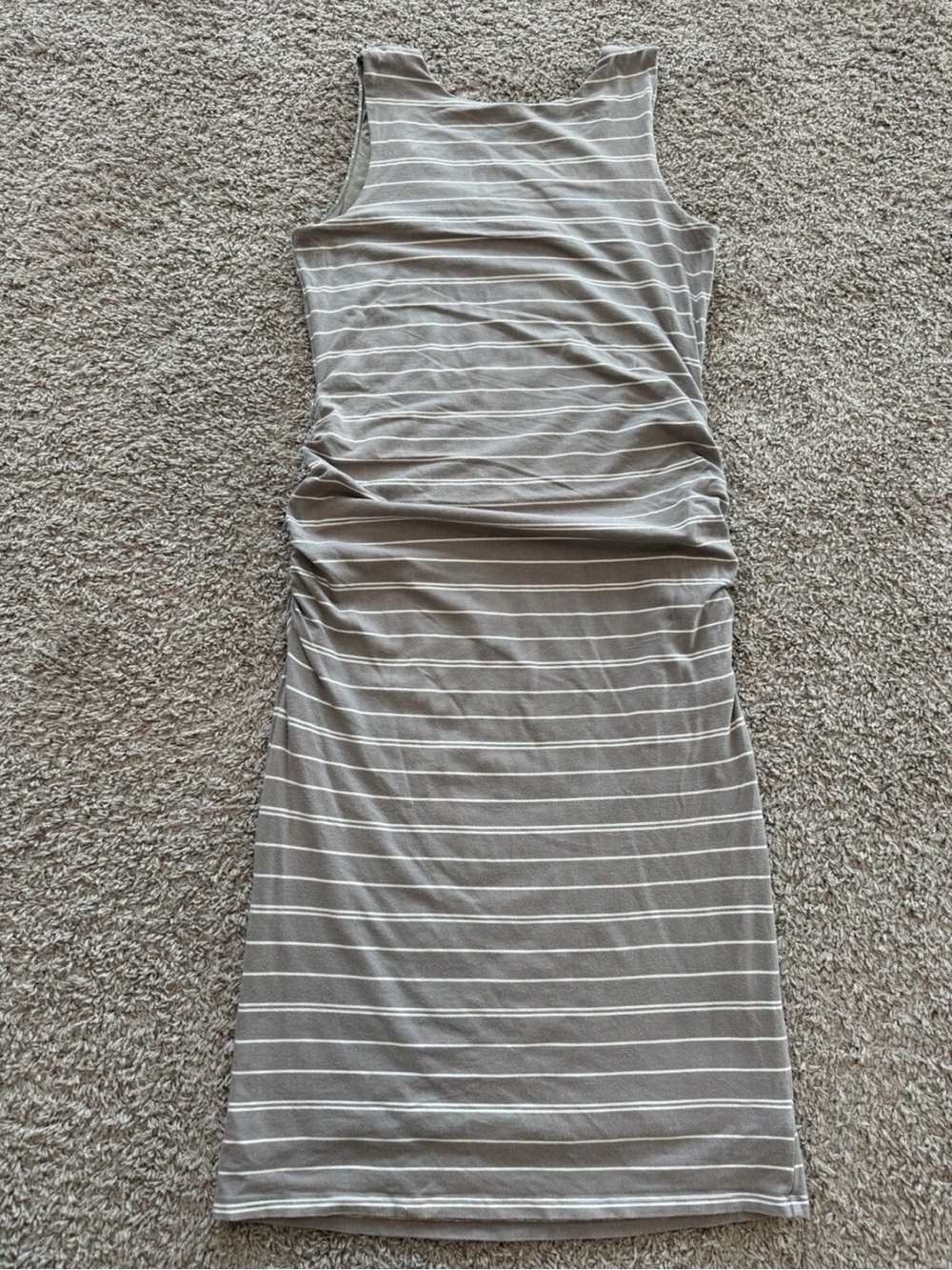 Athleta Comeback Bodycon Side Ruched Midi Tank Dress, Gray/White Striped, Large